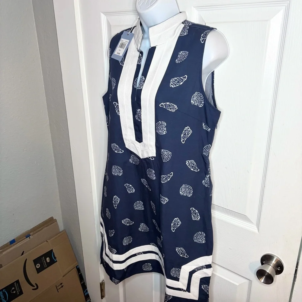 Sail to Sable Seashell Print Signature Mini Caftan Cotton Dress Mini Navy L NWT - Picture 7 of 13